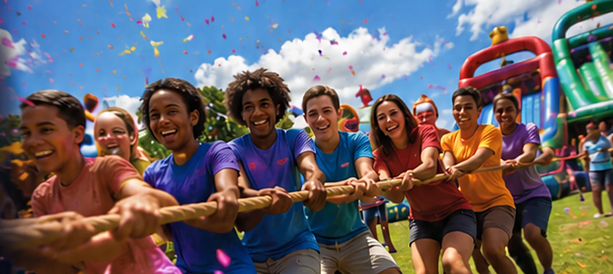 Students in a tug of war at a Field Dates event